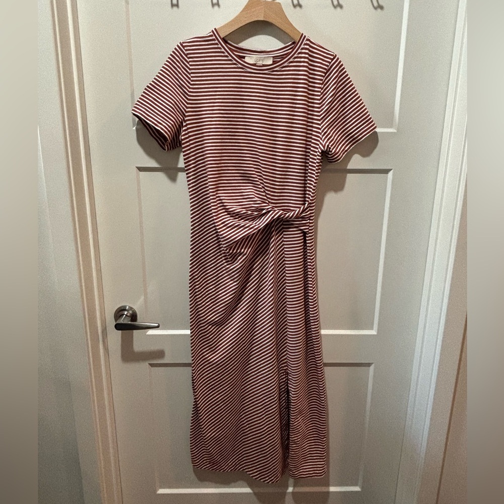 LOFT Orange and White Striped Knot-Front Midi Dress